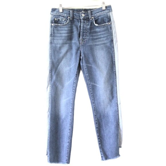 7 FOR ALL MANKIND Josefina Contrast Panel High-Rise Cropped Blue Jeans - Size 27 - Picture 2 of 15